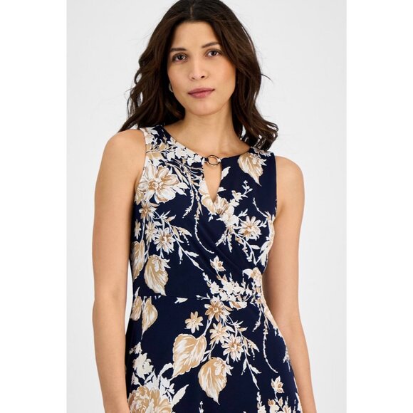 Studio One New York Navy Blue Floral Maxi Dress Sleeveless Keyhole Accent - Picture 3 of 10